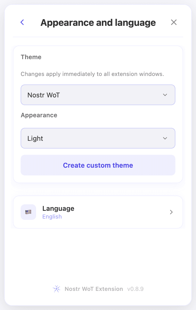 The Language row below the appearance controls