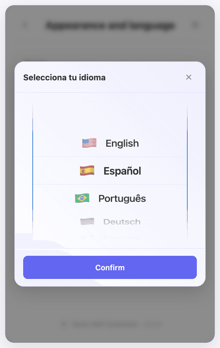 Español selected in the language wheel, with Confirm below