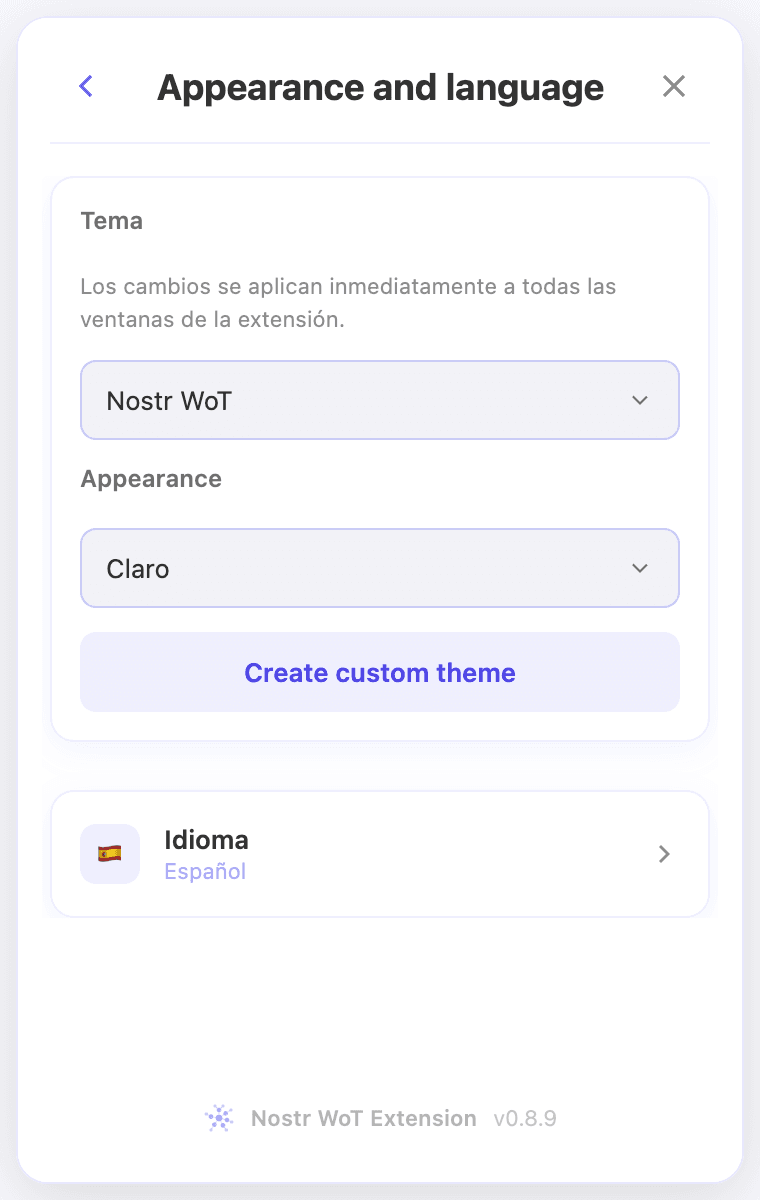 The saved language is Español and the language label is now Idioma