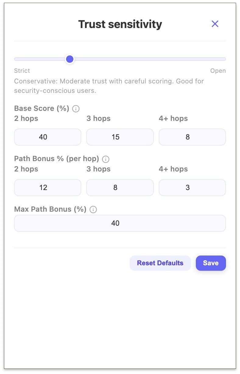 The Trust Settings panel — Base Score per hop distance, Path Bonus per hop, and Max Path Bonus