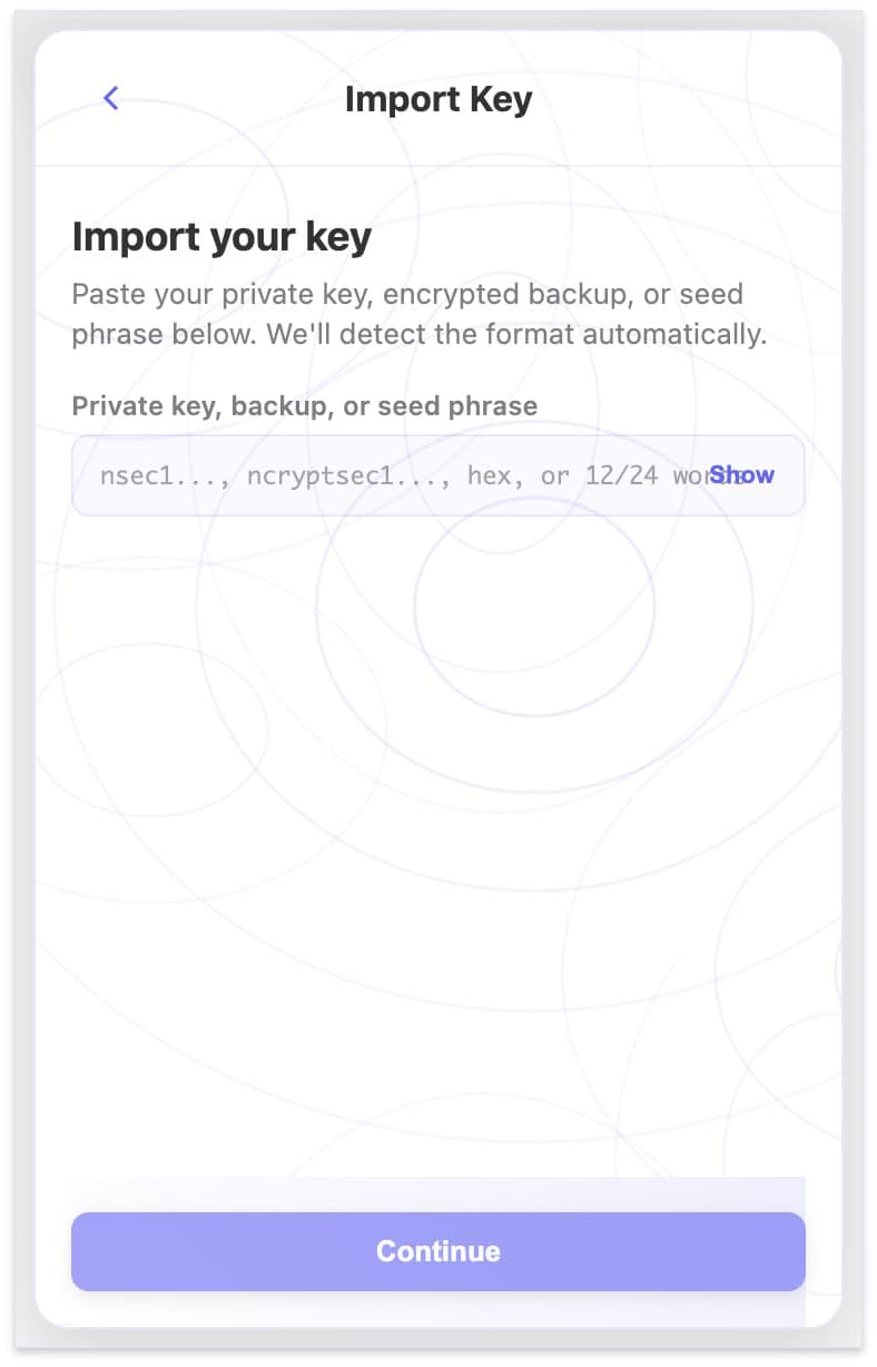 The import screen accepts your nsec, ncryptsec, hex private key, or 12/24-word seed phrase — the format is detected automatically