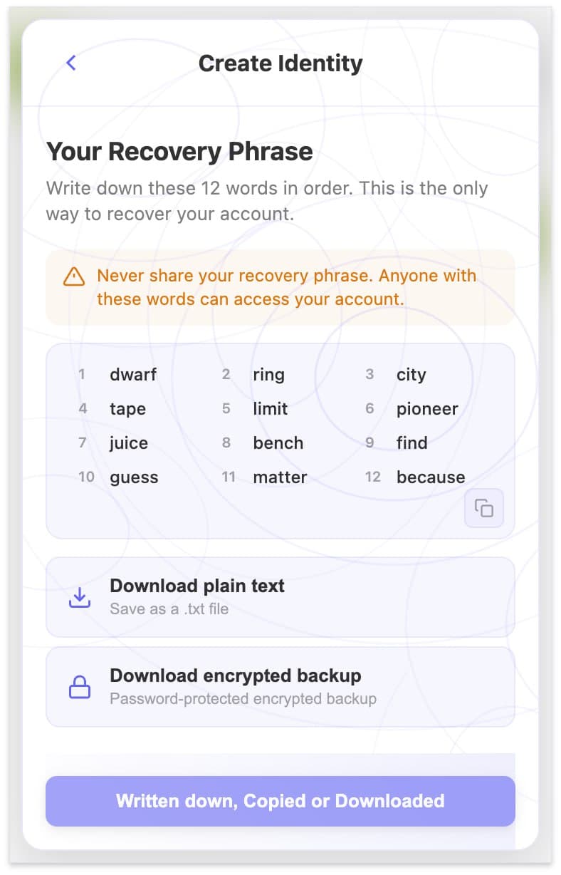 Your 12-word recovery phrase is displayed once. Write it down, download it as plain text, or save an encrypted backup before confirming.