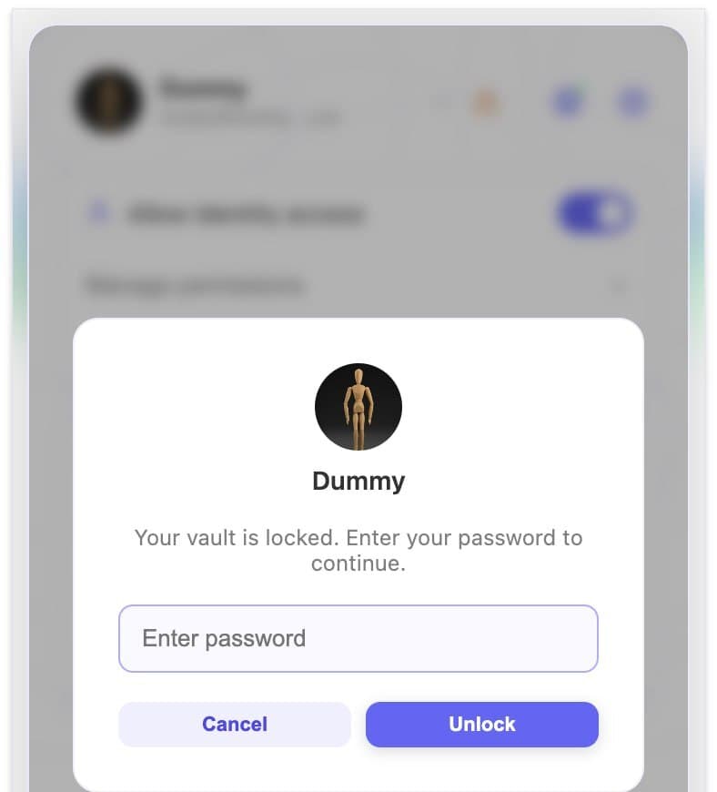 When the vault is locked, enter your encryption password to unlock — your private keys never leave the extension