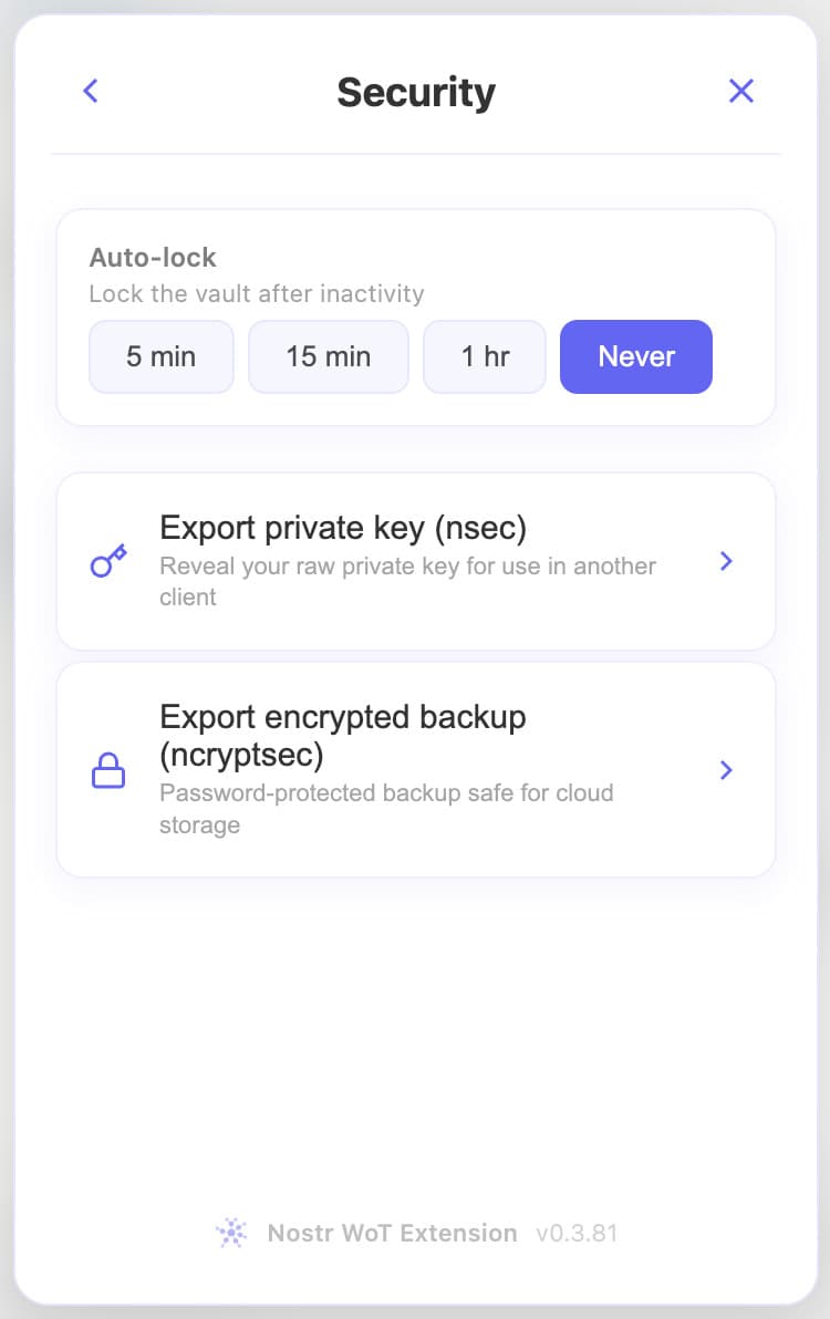 A tela de Segurança permite exportar sua chave privada (nsec) ou um backup criptografado com senha (ncryptsec) antes de remover a conta