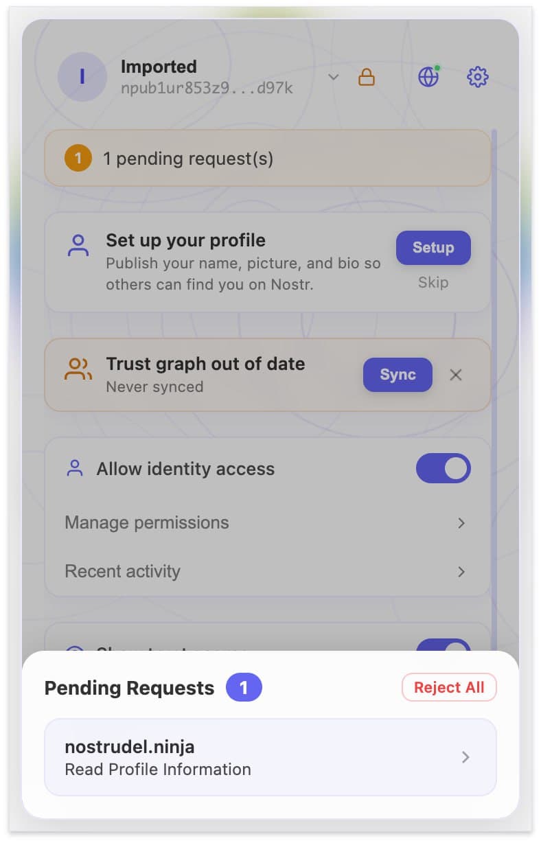 Pending permission requests appear at the bottom of the popup — here nostrudel.ninja is asking to read your profile information