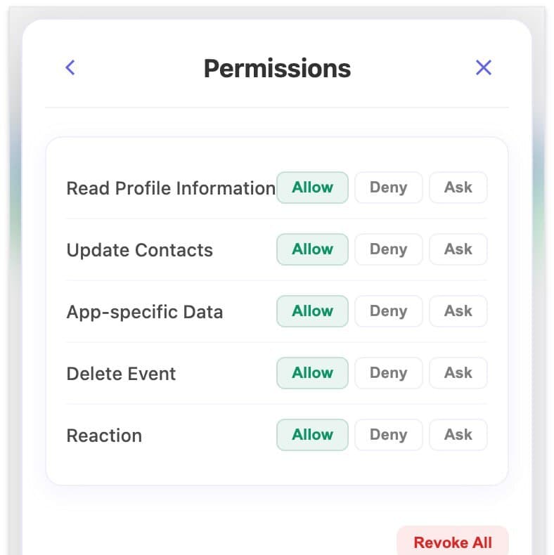 Each site's permission detail shows granular controls — Allow, Deny, or Ask per action type, plus a Revoke All button