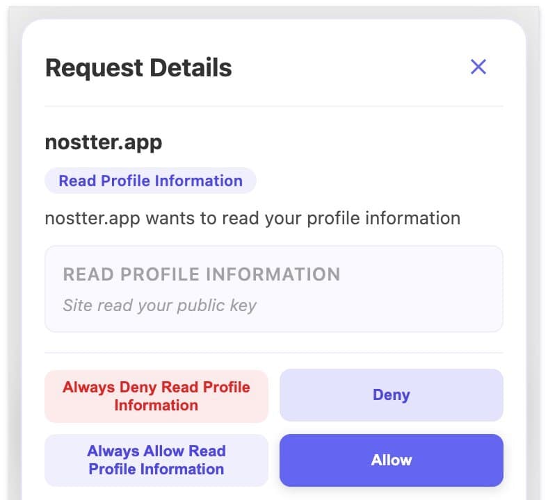 The Request Details popup for a "Read Profile Information" request — shows the site, permission type, what it does, and four response options