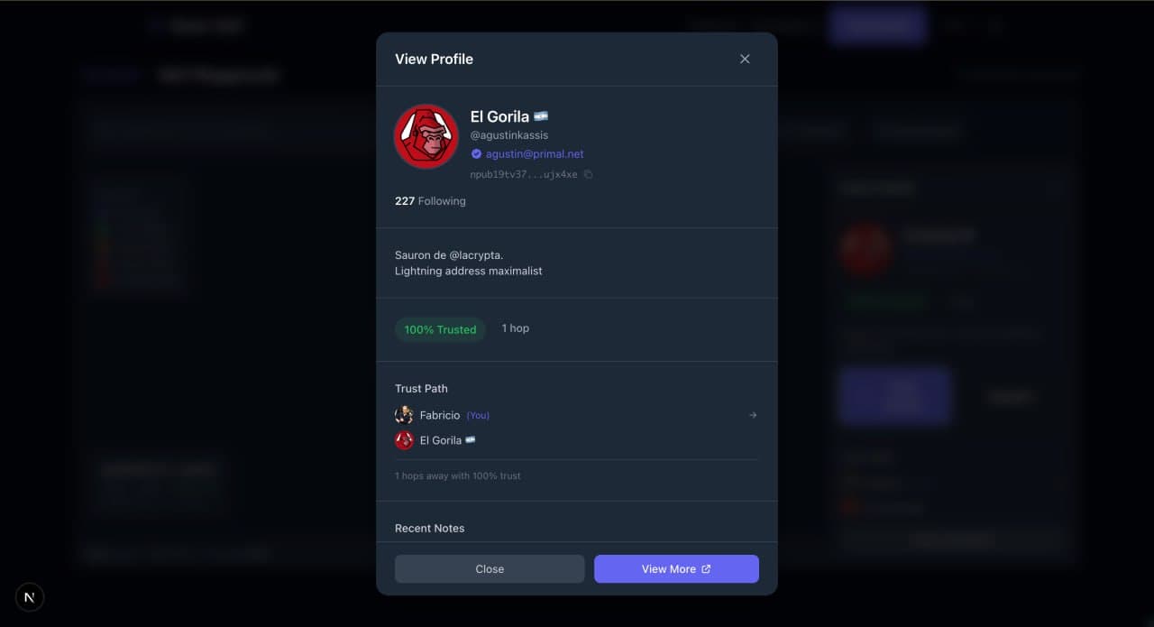 Profile modal showing avatar, bio, trust path and recent notes